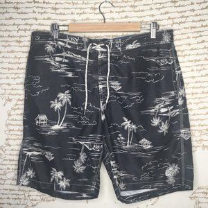 Caribbean Joe Men's XL Gray Palm Print Long Length Swim Trunks With Lining